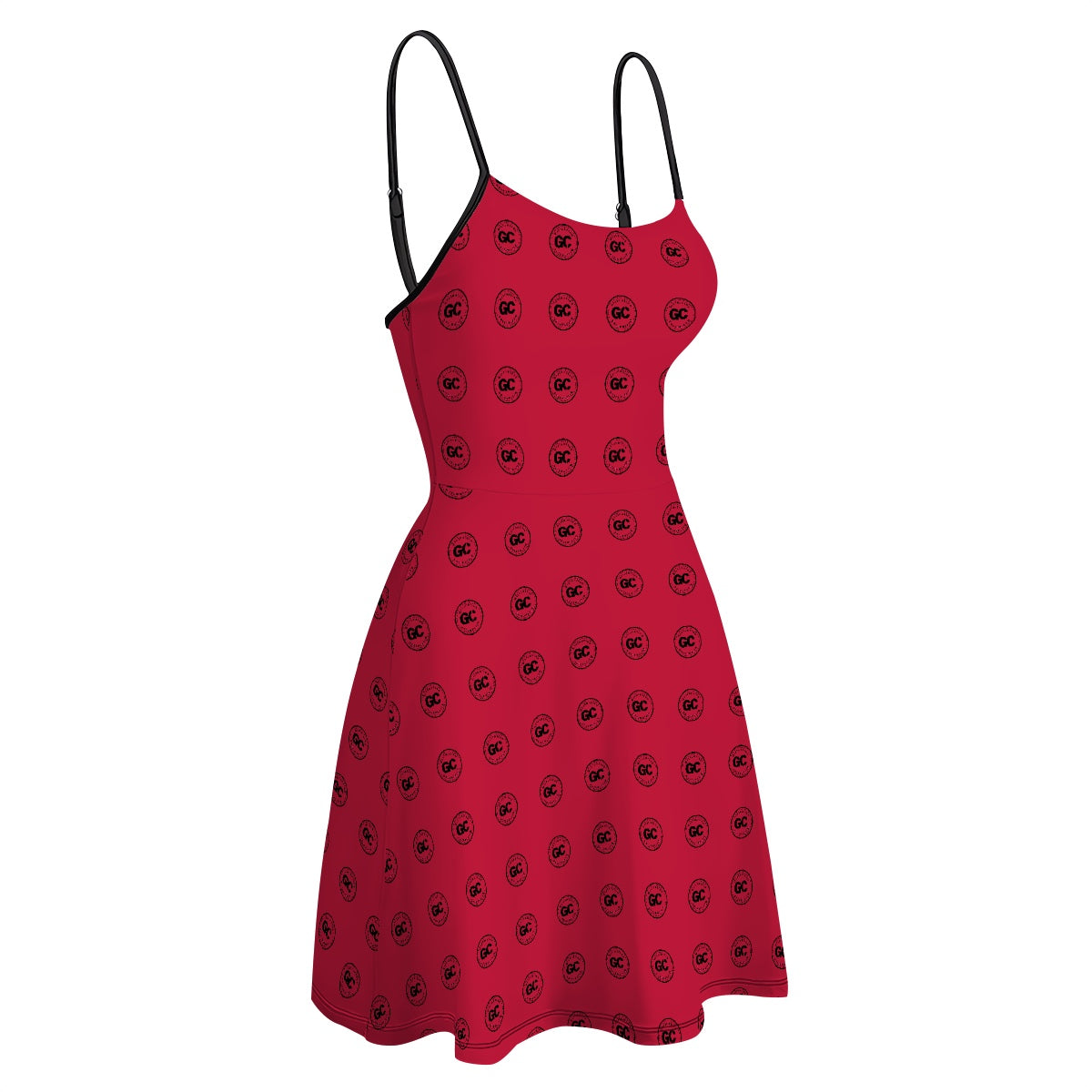 Red flattering, fit & Flare dress with cinched waist for women black Girlcation logo - adjustable straps, stretchy travel non-wrinkle fabric