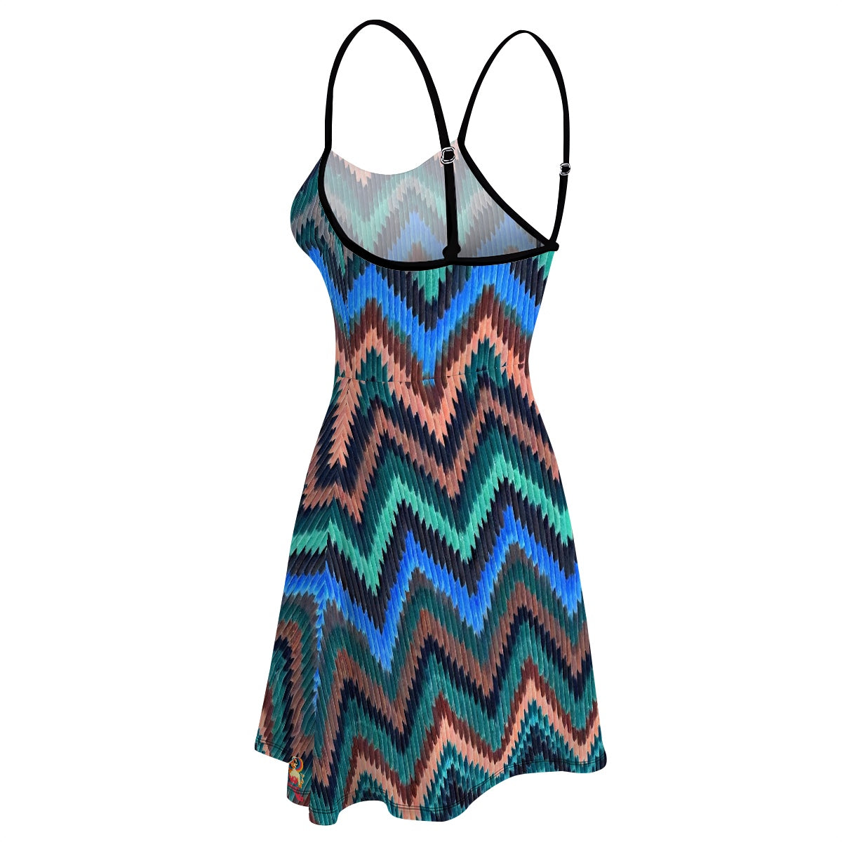 Fit and flare Cool Blue Waves Chevron pattern dress - flattering, travel, stretchy, waist cinching dress for women - adjustable straps