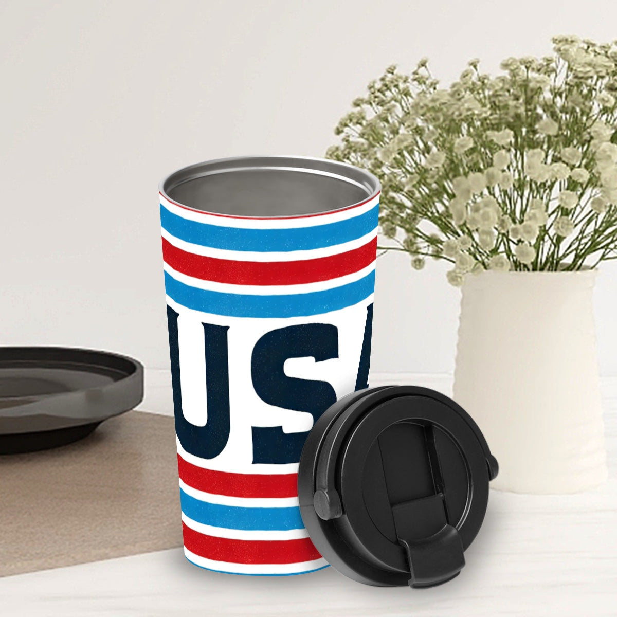 USA White, Blue and Red Striped Insulated Stainless Steel/BPA free Travel Coffee Mug with one button lid, retractable handle and non-slip bottom