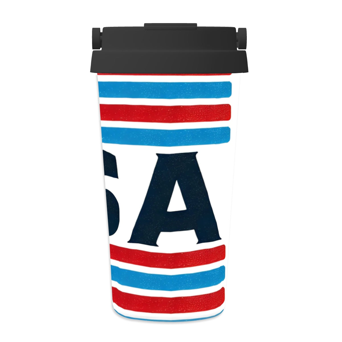 USA White, Blue and Red Striped Insulated Stainless Steel/BPA free Travel Coffee Mug with one button lid, retractable handle and non-slip bottom