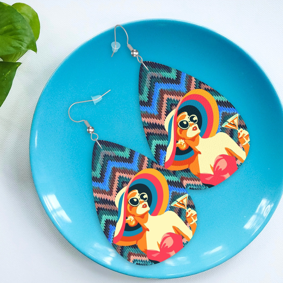 Vegan Leather Teardrop Earrings Cool Blue Waves Chevron Pattern with Girlcation Logo - 925 silver plated Jewelry