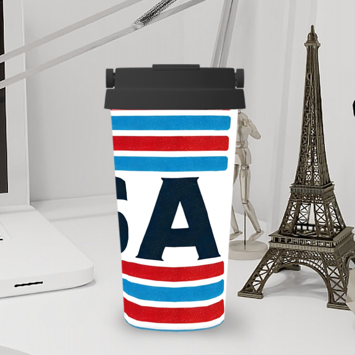 USA White, Blue and Red Striped Insulated Stainless Steel/BPA free Travel Coffee Mug with one button lid, retractable handle and non-slip bottom