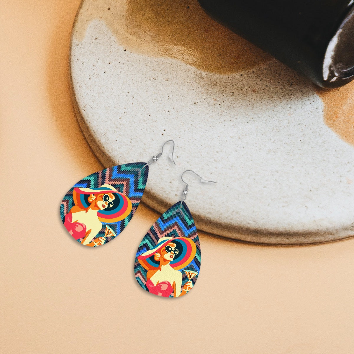 Vegan Leather Teardrop Earrings Cool Blue Waves Chevron Pattern with Girlcation Logo - 925 silver plated Jewelry