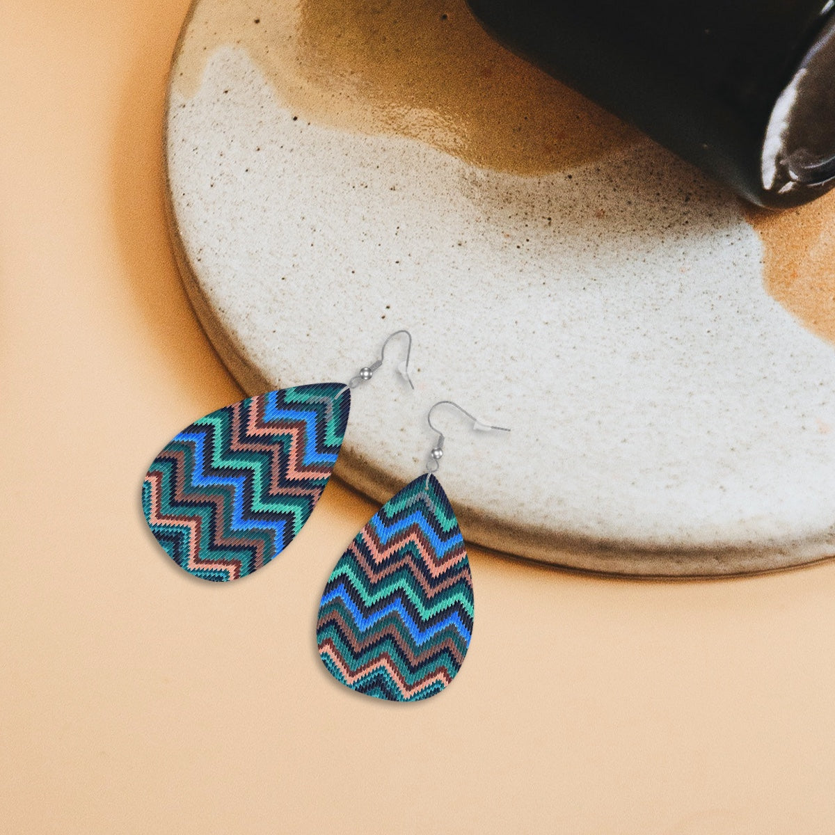 Vegan Leather Teardrop Earrings Cool Blue Waves Chevron Pattern - 925 silver plated Jewelry