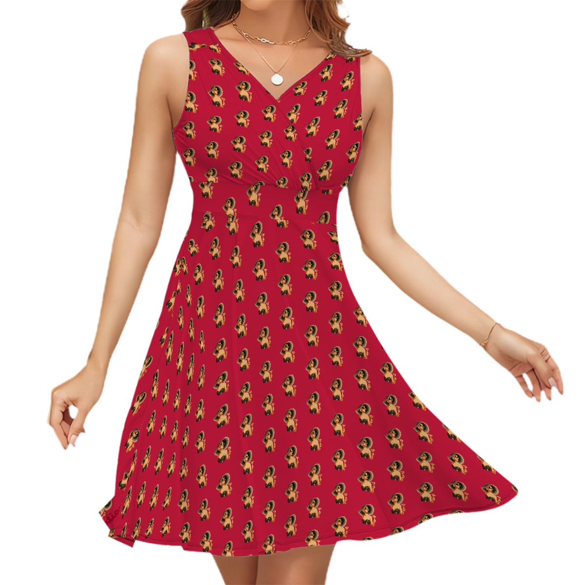 Red Sleeveless V-neck fit & flare Dress Girlcation logo
