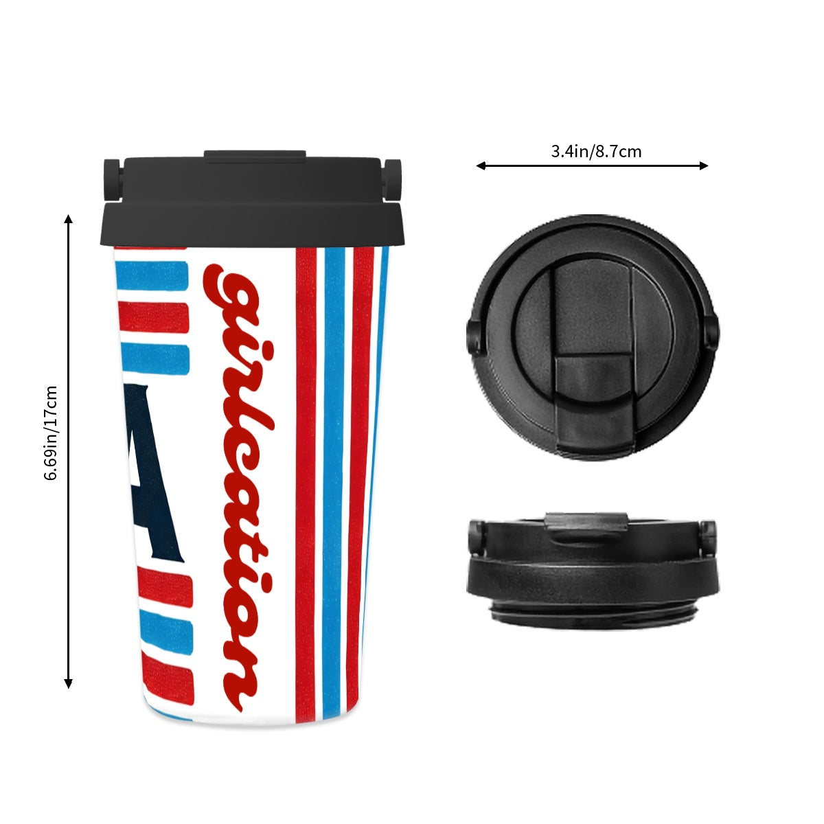 USA White, Blue and Red Striped Insulated Stainless Steel/BPA free Travel Coffee Mug with one button lid, retractable handle and non-slip bottom