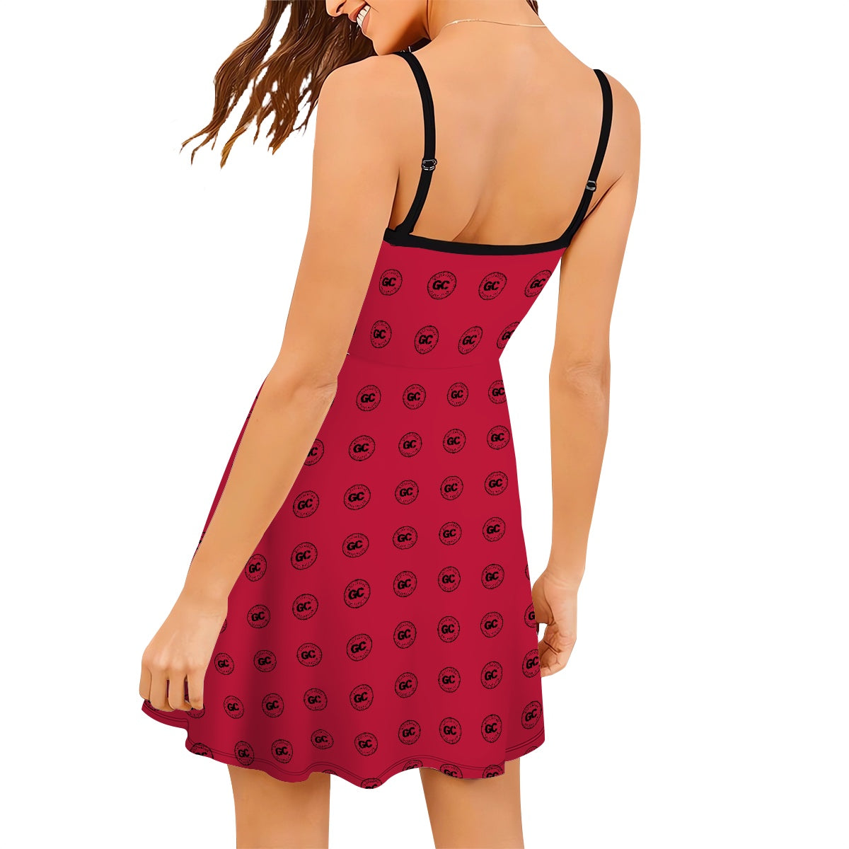 Red flattering, fit & Flare dress with cinched waist for women black Girlcation logo - adjustable straps, stretchy travel non-wrinkle fabric