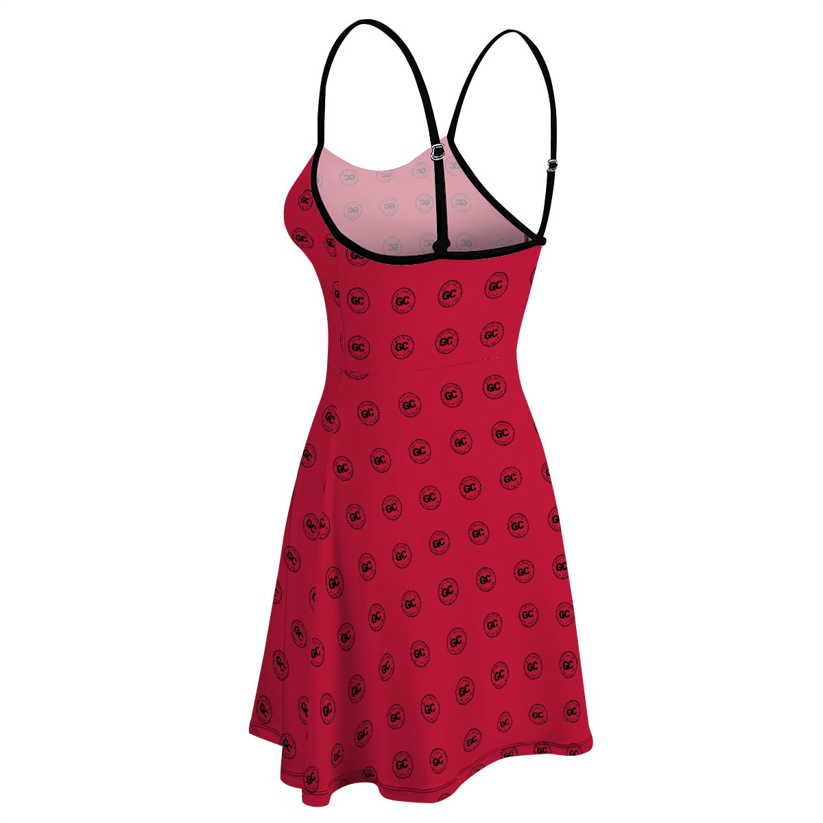 Red flattering, fit & Flare dress with cinched waist for women black Girlcation logo - adjustable straps, stretchy travel non-wrinkle fabric