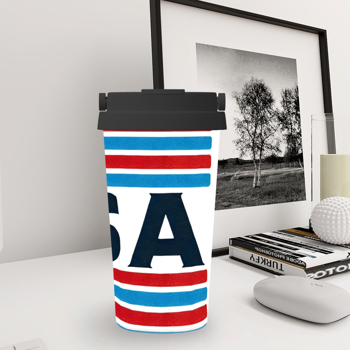 USA White, Blue and Red Striped Insulated Stainless Steel/BPA free Travel Coffee Mug with one button lid, retractable handle and non-slip bottom