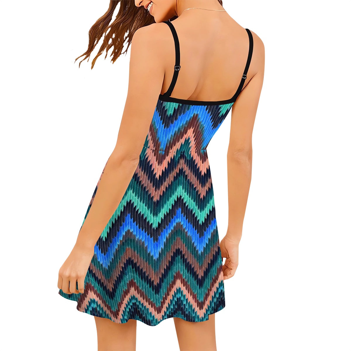Fit and flare Cool Blue Waves Chevron pattern dress - flattering, travel, stretchy, waist cinching dress for women - adjustable straps