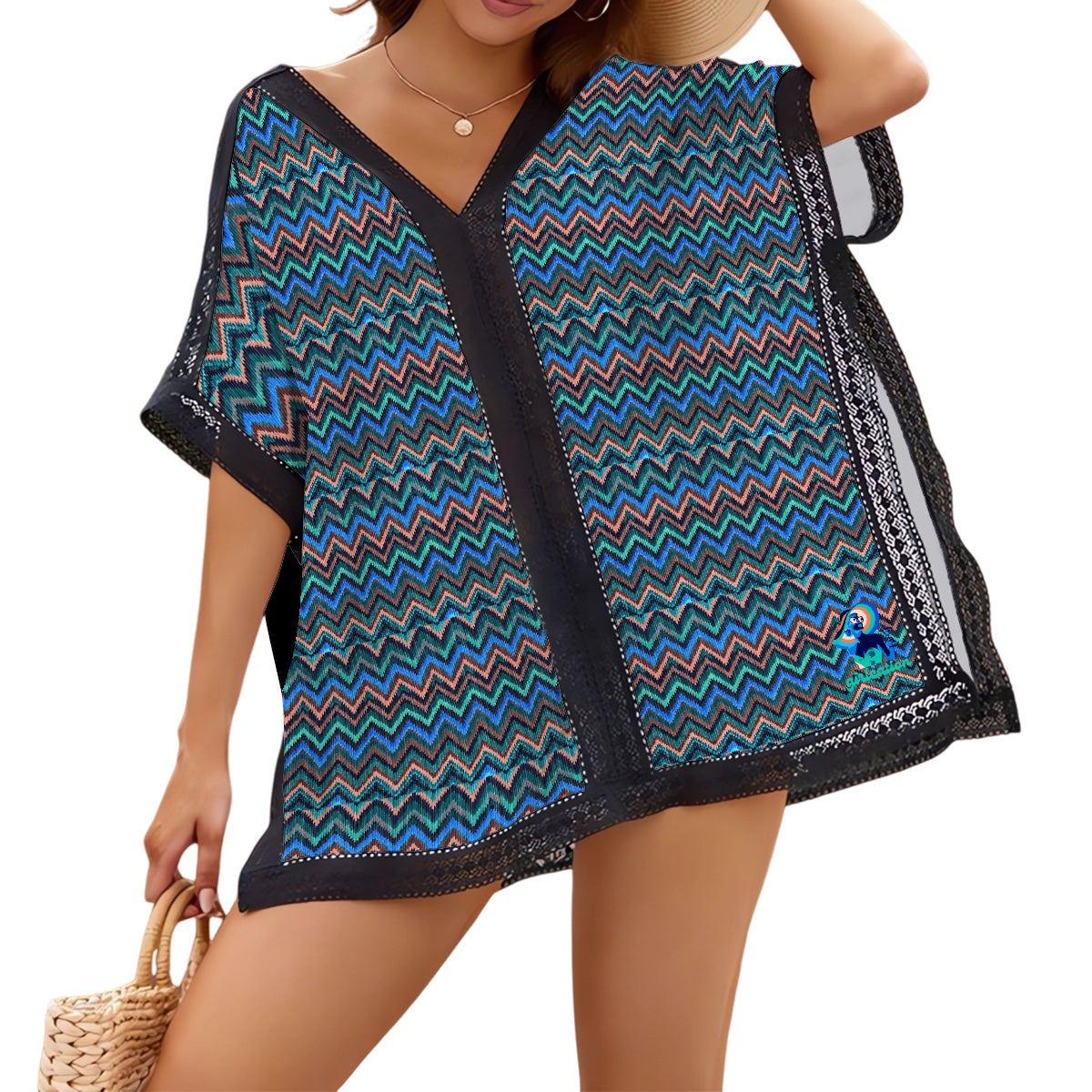 Beach Swim Cover up - Blue and Black chevron pattern - one size