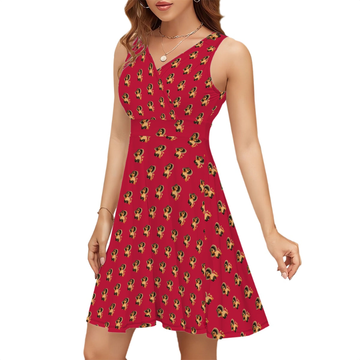 Red Sleeveless V-neck fit & flare Dress Girlcation logo