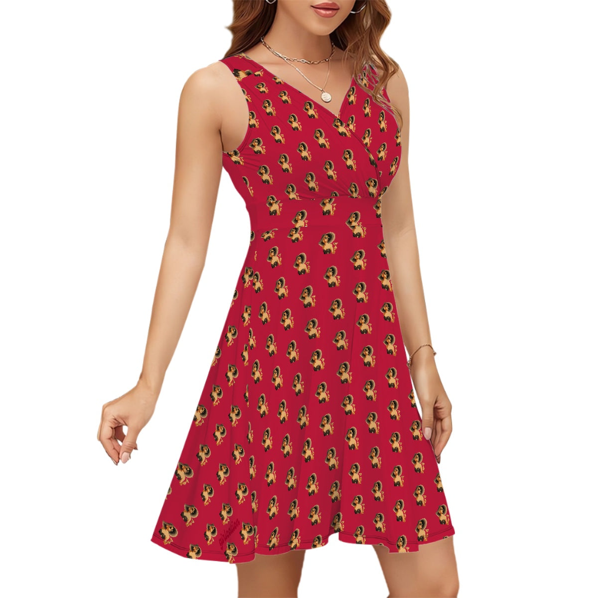 Red Sleeveless V-neck fit & flare Dress Girlcation logo