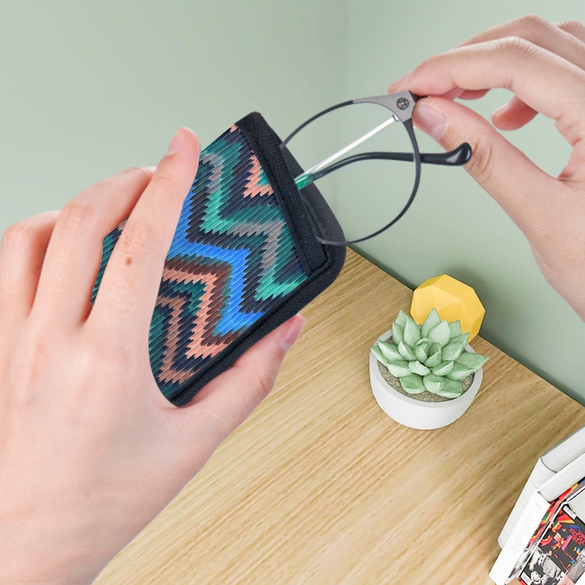 Chevron pattern Cool Blue Waves Eyeglasses Soft Case for readers, sunglasses, prescription glasses