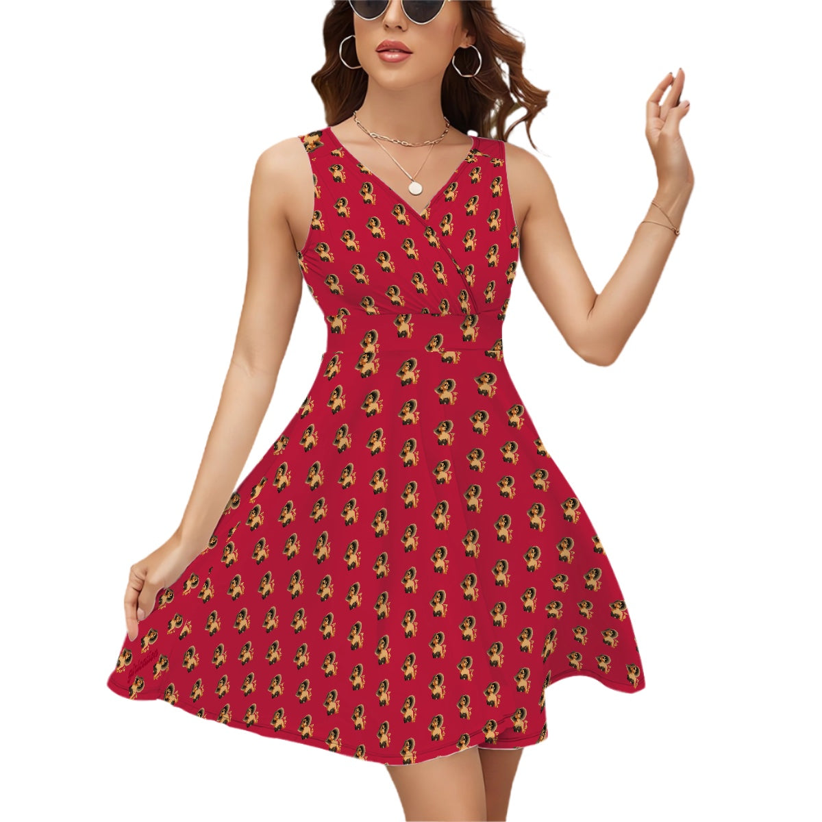 Red Sleeveless V-neck fit & flare Dress Girlcation logo