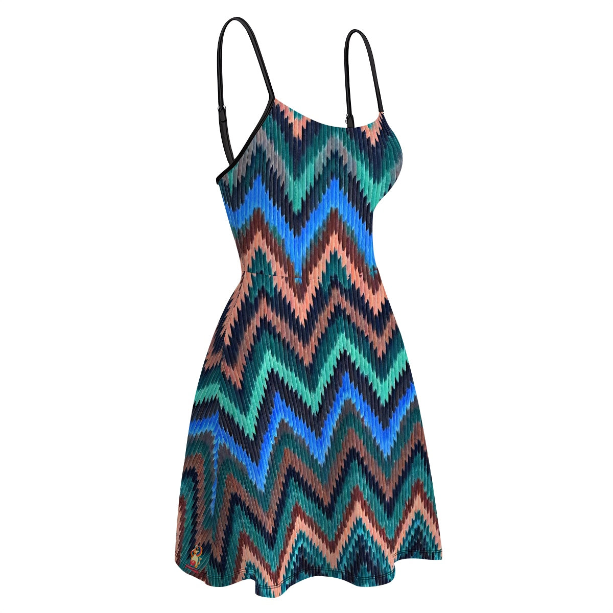 Fit and flare Cool Blue Waves Chevron pattern dress - flattering, travel, stretchy, waist cinching dress for women - adjustable straps