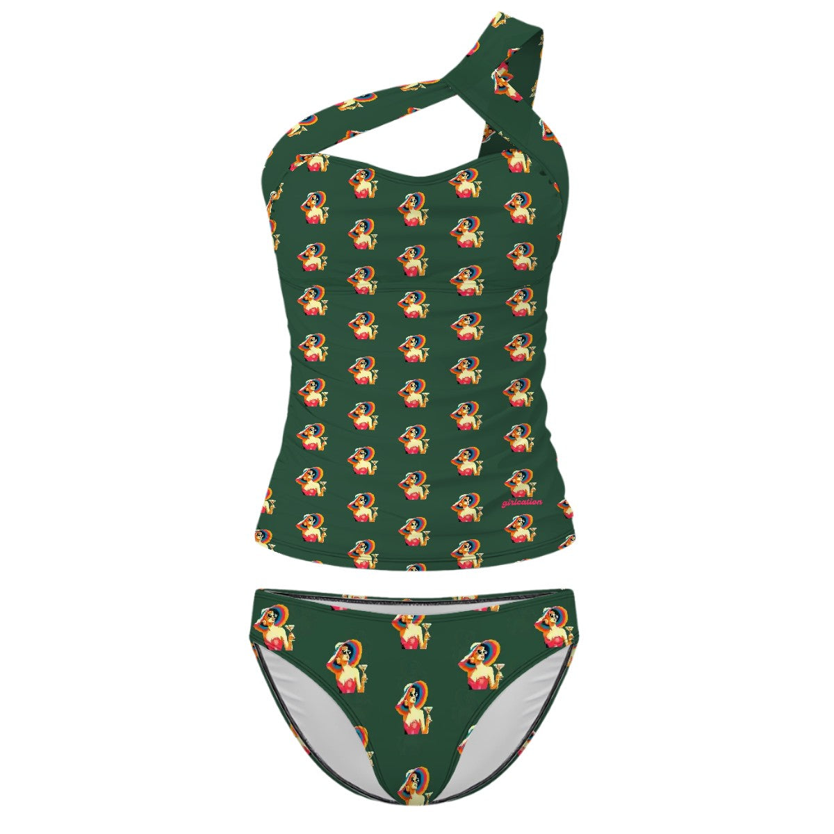 Swimwear - Olive green 2 Piece Single Shoulder Women's Swimsuit - Girlcation Signature - Resort wear & beach