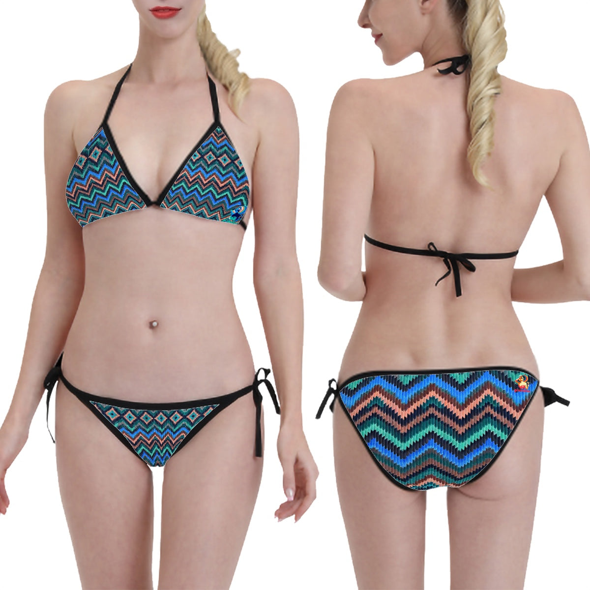 Women Swimsuit Bikini Cool blue Waves pattern - Chevron design with black straps - slimming, flattering, classy design