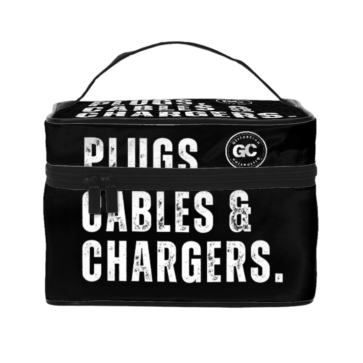 Black "Plugs, Chargers & Cables" Portable Travel organization Bag with inner zipper pocket for wires and electronics