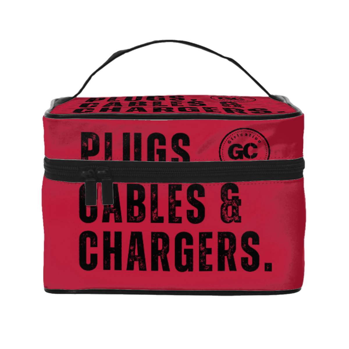 Red "Plugs, Chargers & Cables" Portable Travel organization Bag with inner zipper pocket for wires and electronics