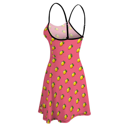 Fit and flare pink cartoon lemon pattern dress - flattering, travel, stretchy, waist cinching dress for women - adjustable straps