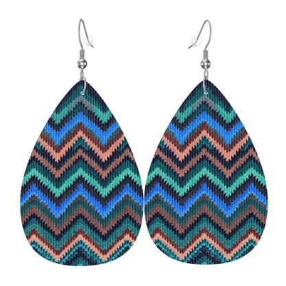 Vegan Leather Teardrop Earrings Cool Blue Waves Chevron Pattern - 925 silver plated Jewelry