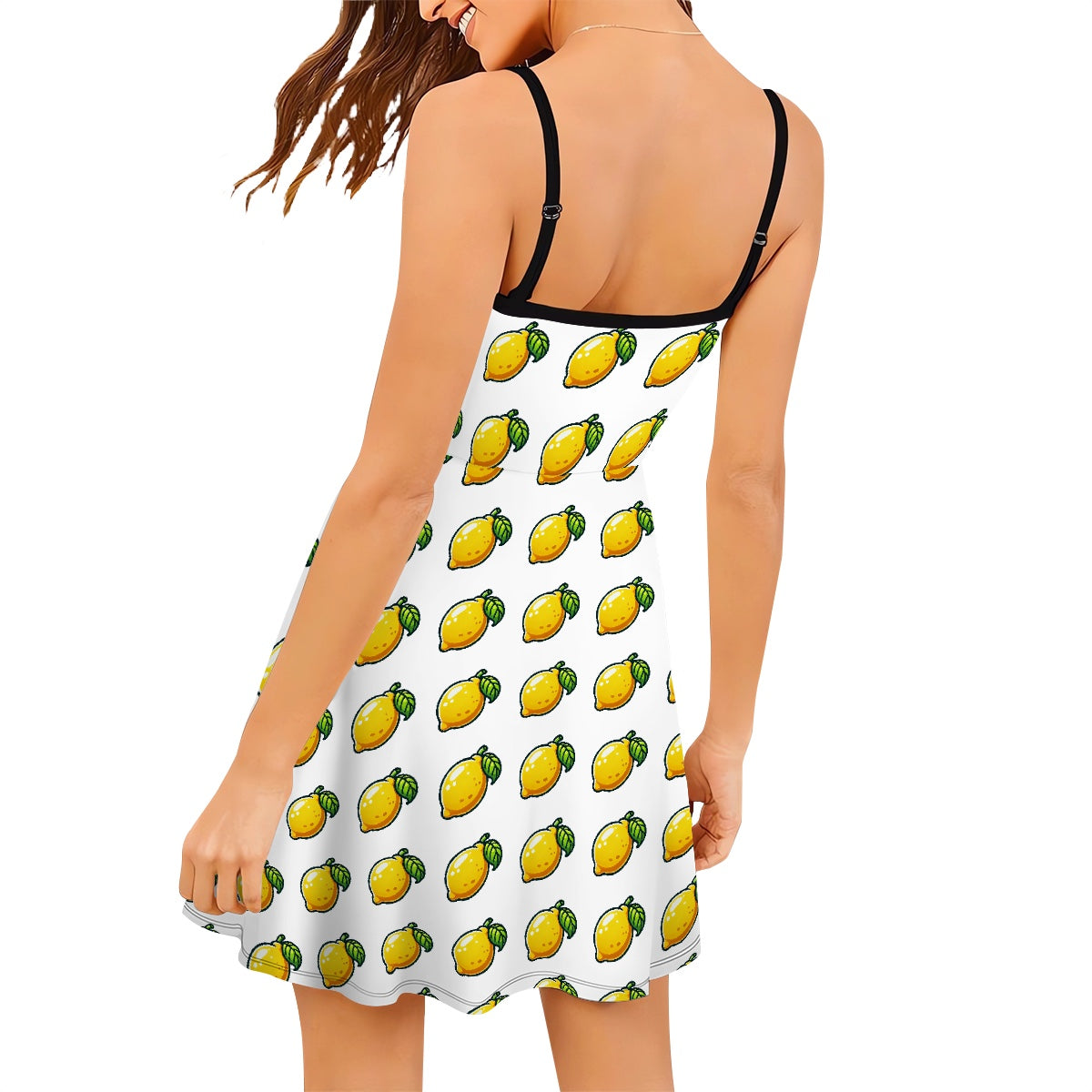 Fit and flare white cartoon lemon pattern dress - flattering, travel, stretchy, waist cinching dress for women - adjustable straps