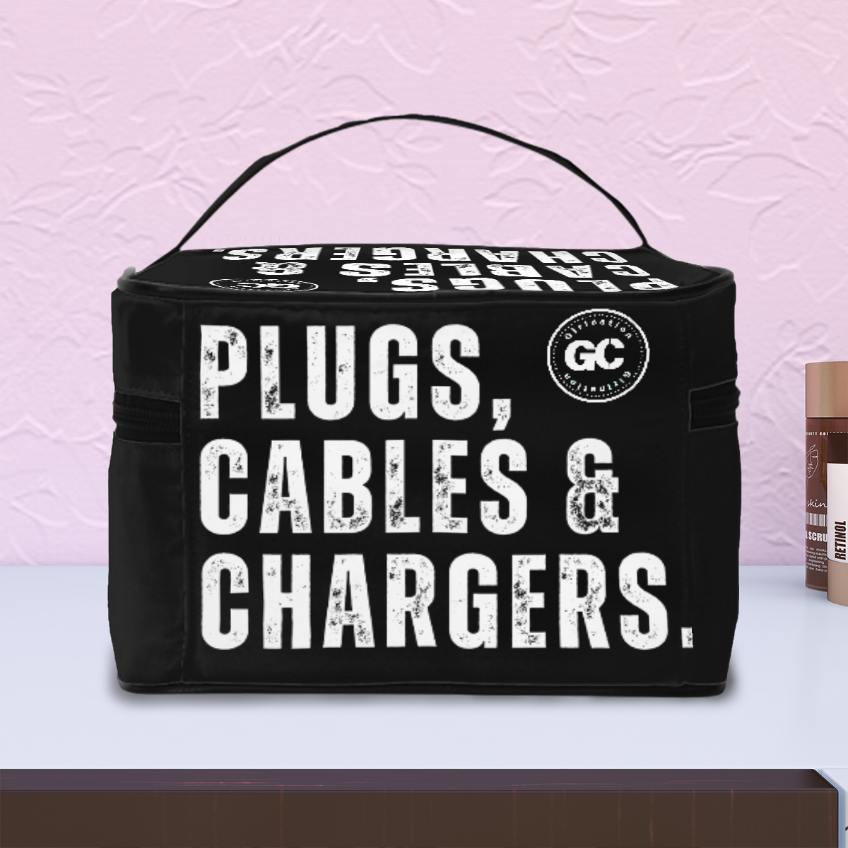 Black "Plugs, Chargers & Cables" Portable Travel organization Bag with inner zipper pocket for wires and electronics