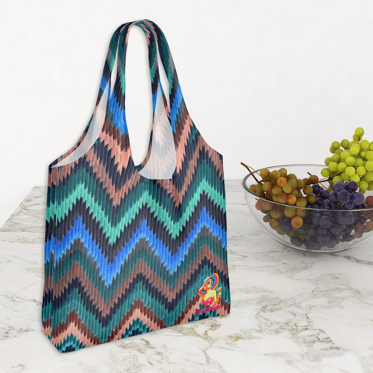 Oversized Canvas Tote Bag - Cool Blue Waves Chevron Pattern - Groceries, Shopping, Beach and Travel bag