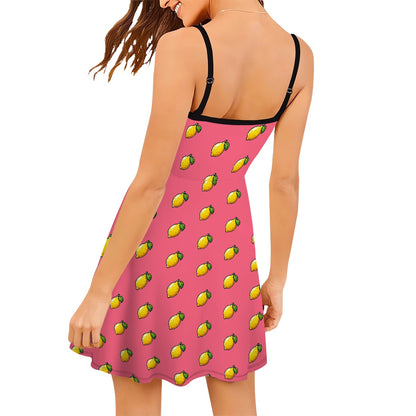 Fit and flare pink cartoon lemon pattern dress - flattering, travel, stretchy, waist cinching dress for women - adjustable straps