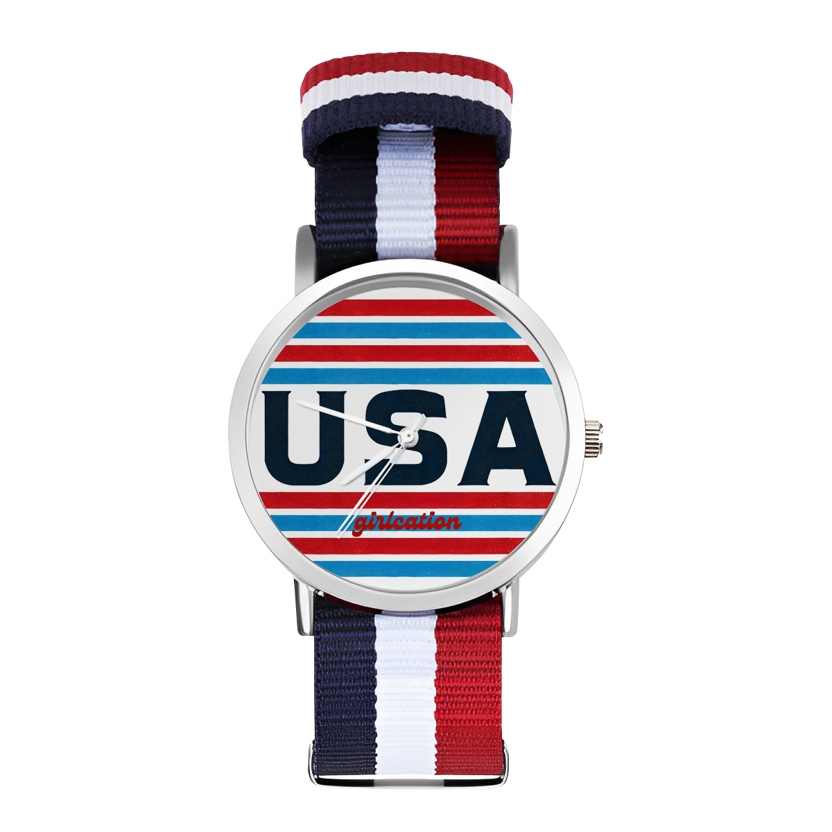 USA Red White and Blue Stripes Everyday Affordable Watch - scratch resistant silver with nylon woven 5.7-8.7in adjustable strap