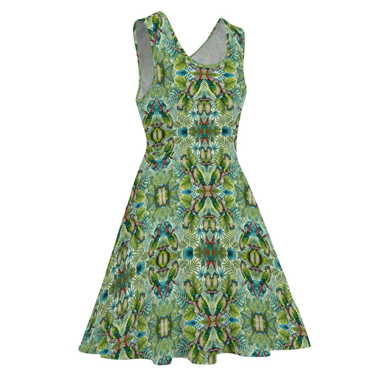 Sleeveless Travel Dress For Women - green & blue green cheeked conure bird pattern “Quinn” print dress - packable fabric