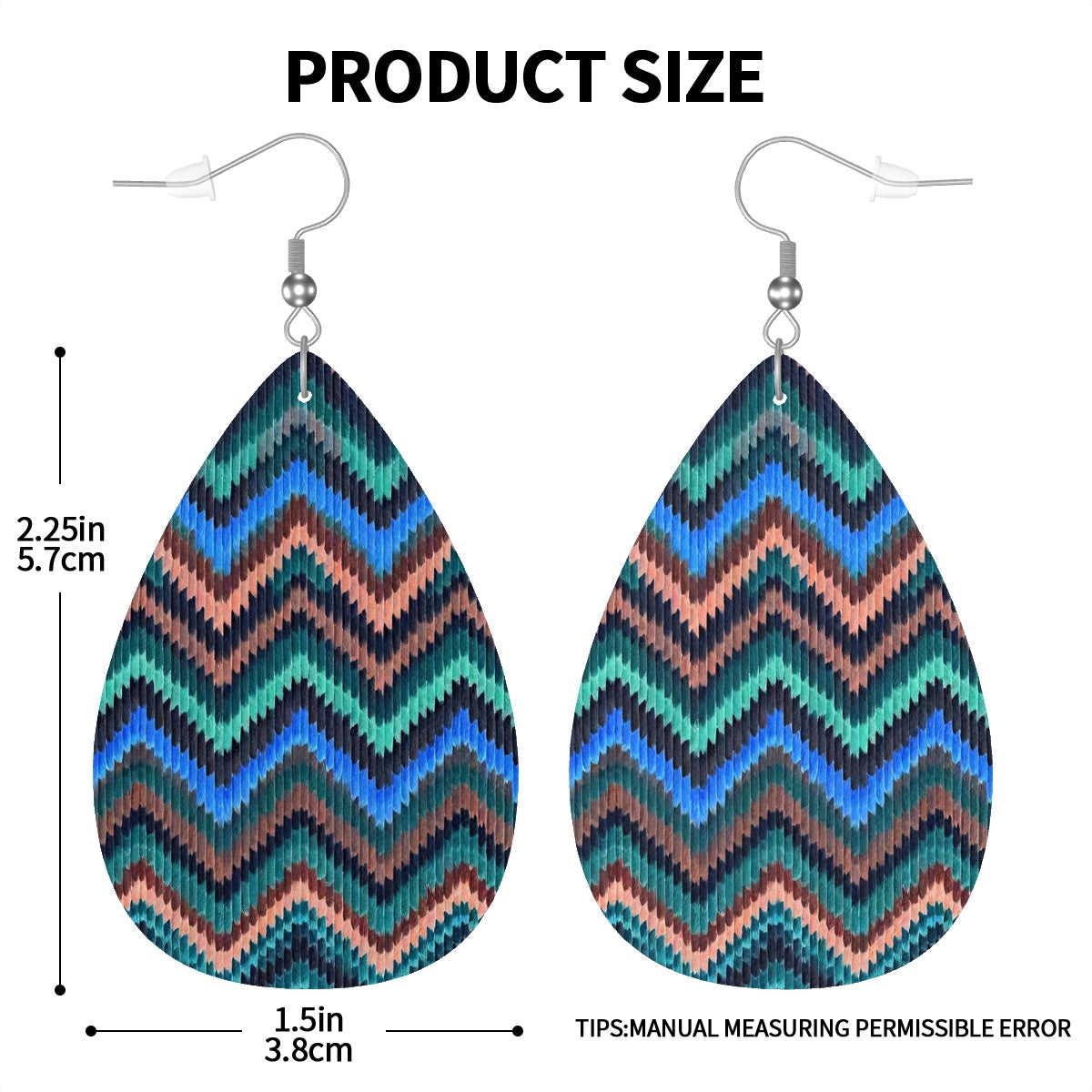 Vegan Leather Teardrop Earrings Cool Blue Waves Chevron Pattern - 925 silver plated Jewelry