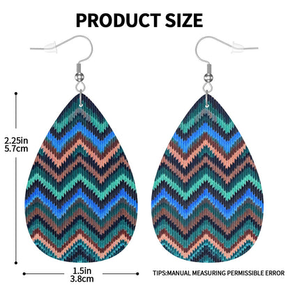 Vegan Leather Teardrop Earrings Cool Blue Waves Chevron Pattern - 925 silver plated Jewelry