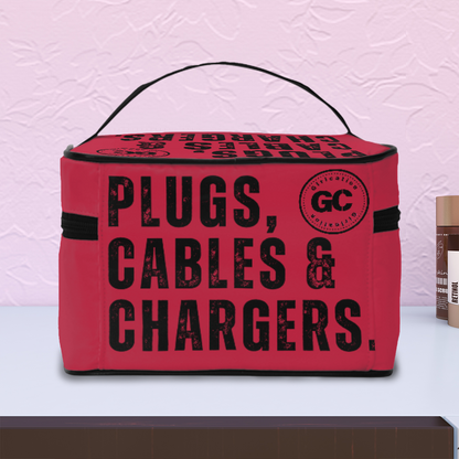 Red "Plugs, Chargers & Cables" Portable Travel organization Bag with inner zipper pocket for wires and electronics