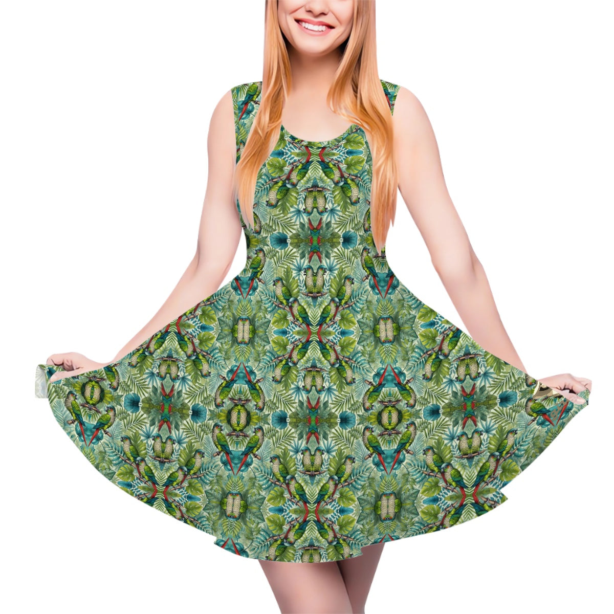 Sleeveless Travel Dress For Women - green & blue green cheeked conure bird pattern “Quinn” print dress - packable fabric