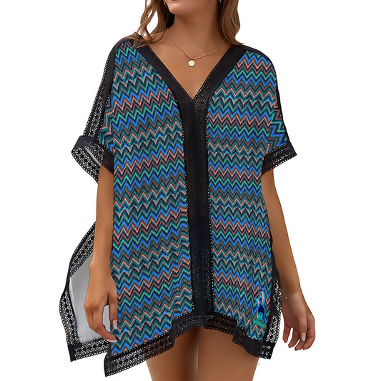 Beach Swim Cover up - Blue and Black chevron pattern - one size