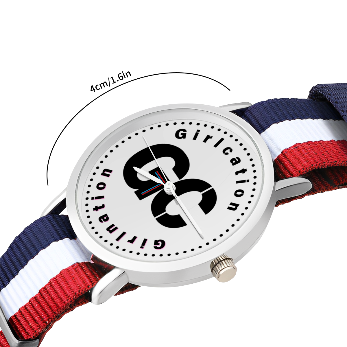 Girlcation Red White and Blue Stripes Everyday Affordable Watch - scratch resistant silver with nylon woven 5.7-8.7in adjustable strap