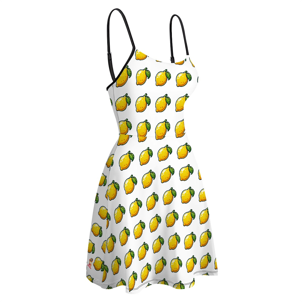 Fit and flare white cartoon lemon pattern dress - flattering, travel, stretchy, waist cinching dress for women - adjustable straps