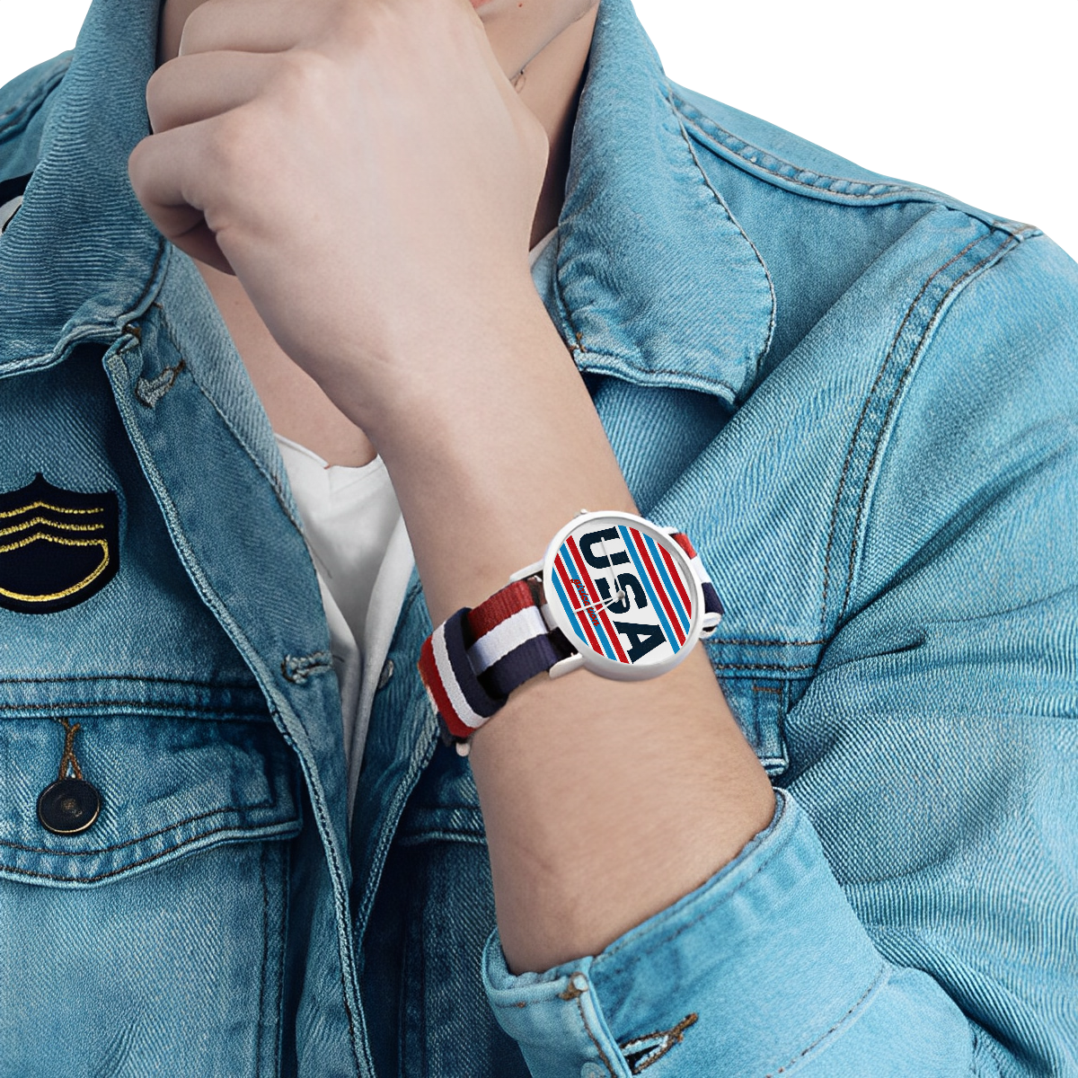 USA Red White and Blue Stripes Everyday Affordable Watch - scratch resistant silver with nylon woven 5.7-8.7in adjustable strap