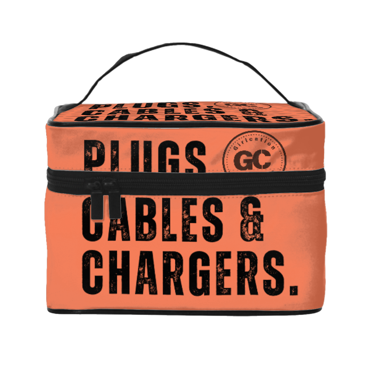 Orange "Plugs, Chargers & Cables" Portable Travel organization Bag with inner zipper pocket for wires and electronics