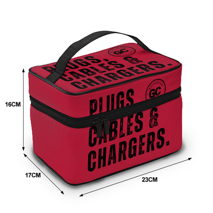 Red "Plugs, Chargers & Cables" Portable Travel organization Bag with inner zipper pocket for wires and electronics