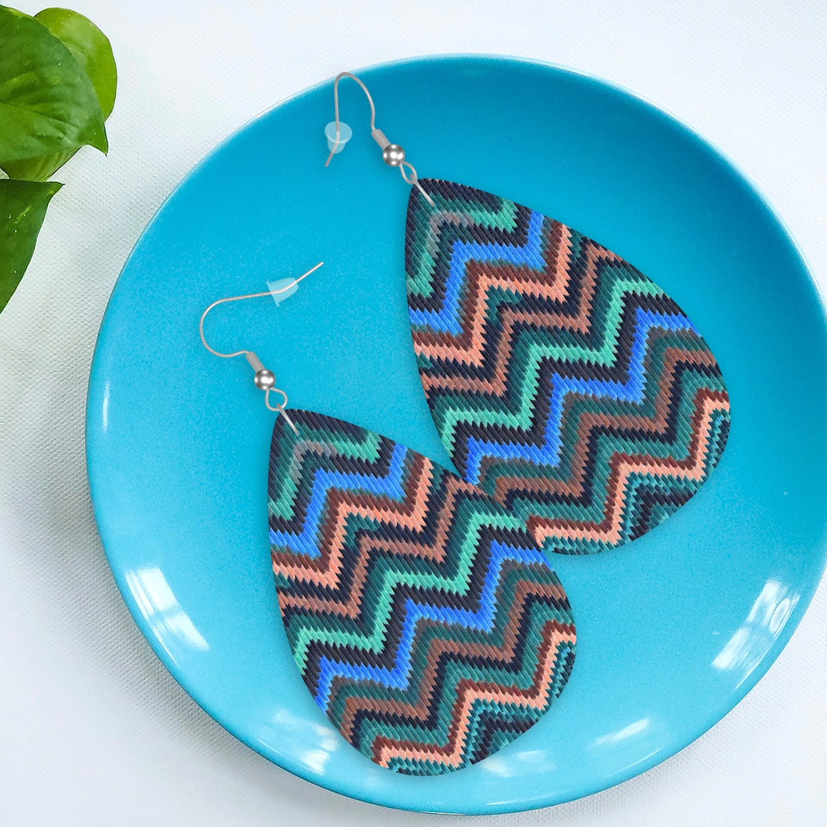 Vegan Leather Teardrop Earrings Cool Blue Waves Chevron Pattern - 925 silver plated Jewelry