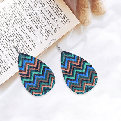 Vegan Leather Teardrop Earrings Cool Blue Waves Chevron Pattern - 925 silver plated Jewelry