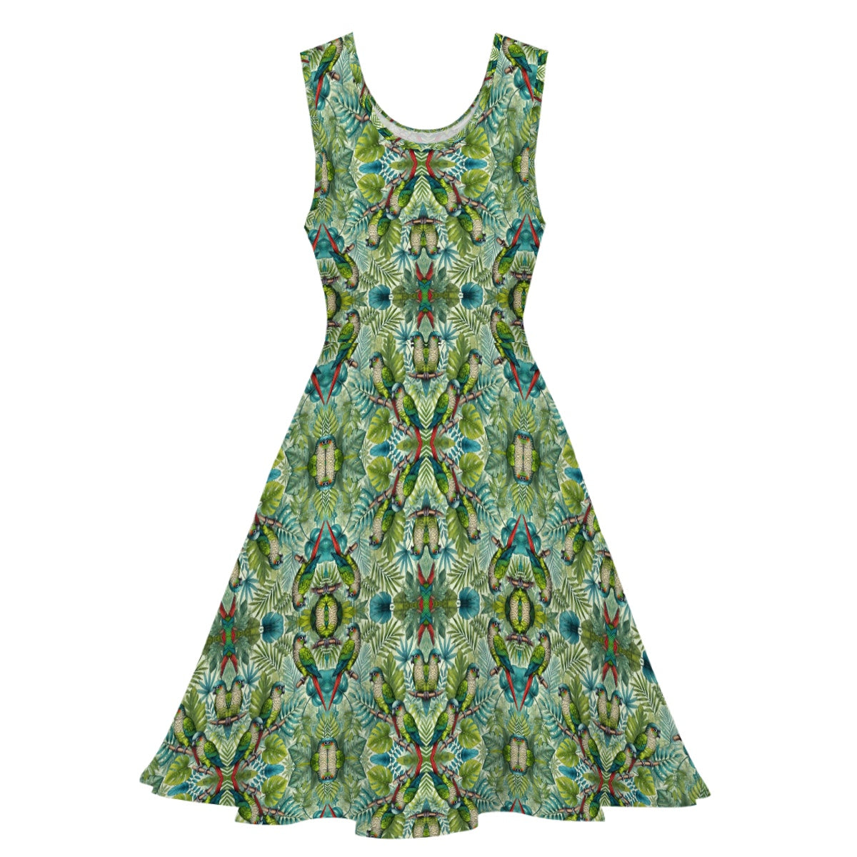 Sleeveless Travel Dress For Women - green & blue green cheeked conure bird pattern “Quinn” print dress - packable fabric