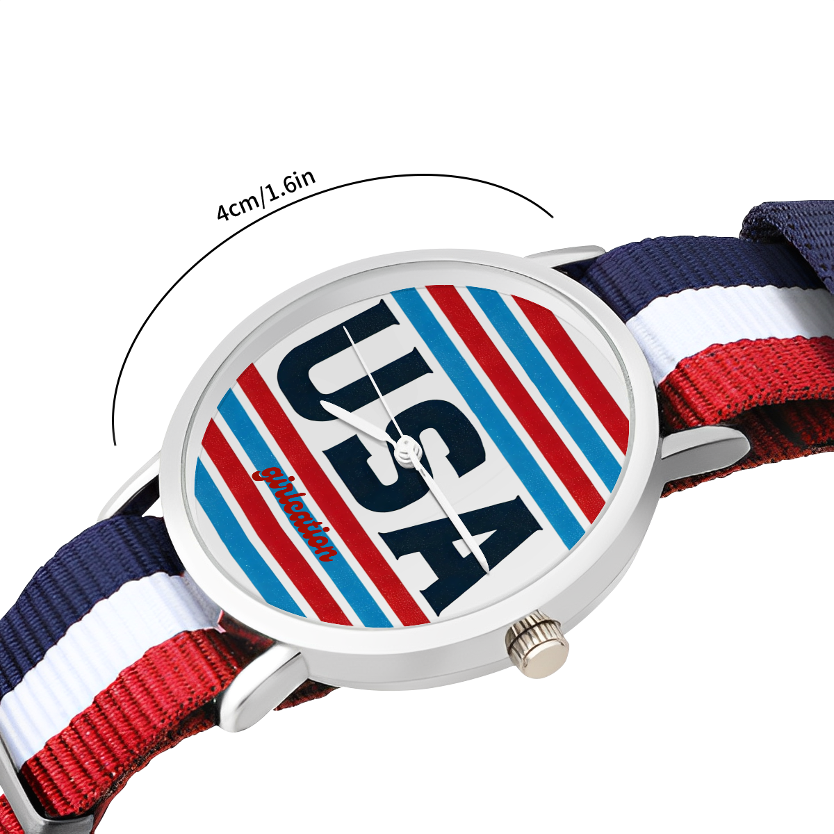 USA Red White and Blue Stripes Everyday Affordable Watch - scratch resistant silver with nylon woven 5.7-8.7in adjustable strap