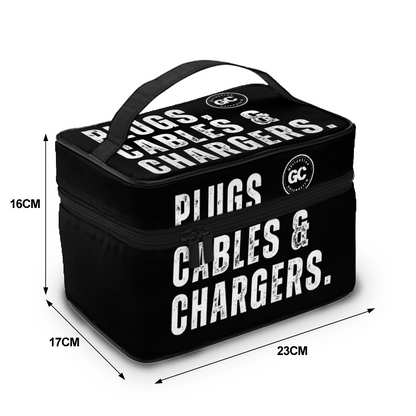 Black "Plugs, Chargers & Cables" Portable Travel organization Bag with inner zipper pocket for wires and electronics