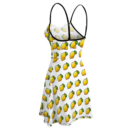 Fit and flare white cartoon lemon pattern dress - flattering, travel, stretchy, waist cinching dress for women - adjustable straps