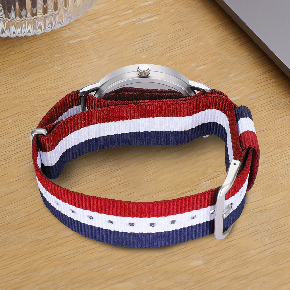 USA Red White and Blue Stripes Everyday Affordable Watch - scratch resistant silver with nylon woven 5.7-8.7in adjustable strap