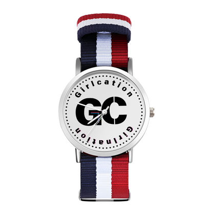 Girlcation Red White and Blue Stripes Everyday Affordable Watch - scratch resistant silver with nylon woven 5.7-8.7in adjustable strap